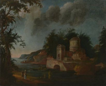 École FRANÇAISE du XVIIIe siècle Paysage animé aux ruines. Huile sur toile (rentoilée)....