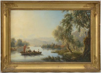 Johann Hans Jacob ULRICH (Andelfingen, 1798 - Zurich, 1877) Fleuve animé de bateaux...