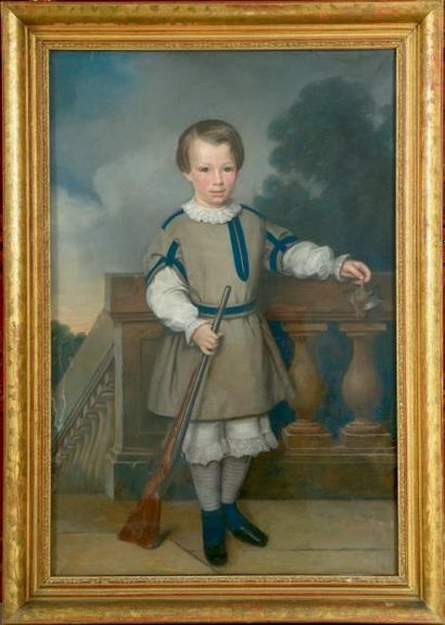 Claire MASSON - MALLON (XIXe siècle) Jeune enfant chasseur sur une terrasse à balustrade....
