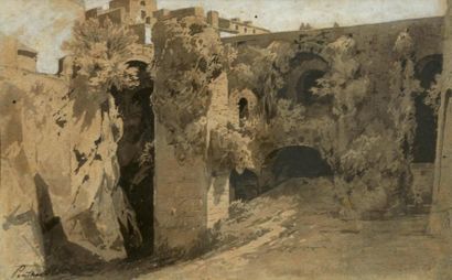 Antoine PONTHUS-CINIER (Lyon, 1812 - 1885) Ruines. Lavis de sépia, signé en bas à...