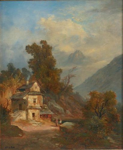 Alexandre de BAR (Montreuil-sur-Mer, 1821 - 1901) Paysage de montagne animé de personnages....
