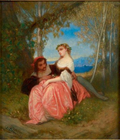 Louis DEVEDEUX (Clermont-Ferrand, 1820 - Passy, 1874) Couple d'amoureux dans un bosquet....