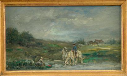 Alphonse Alexis MORLOT (Isômes, 1838 - 1918) Chevaux s'abreuvant près d'une lavandière....