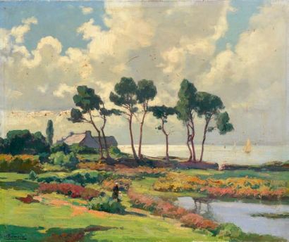 Henri Alphonse BARNOIN (Paris, 1882 - 1935) Bord de mer aux pins parasols en Bretagne....