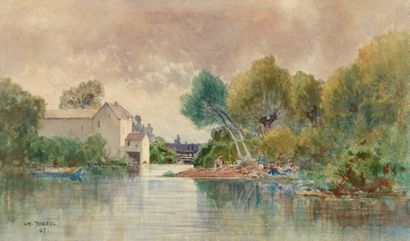 Charles DONZEL (Besançon, 1824 - Paris, 1889) Repos en bord de rivière. Aquarelle,...