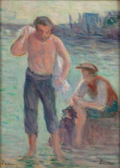 Maximilien LUCE (Paris, 1858 - Rolleboise, - 1941) Les pêcheurs au chien. Huile sur...