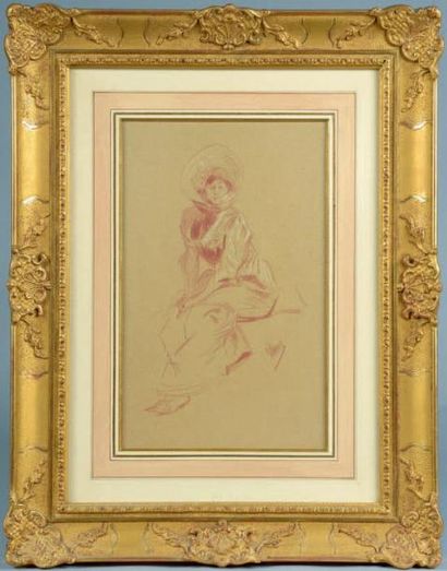 Jules CHERET (Paris, 1836 - Nice, 1932) Jeune femme assise à la capeline, les mains...