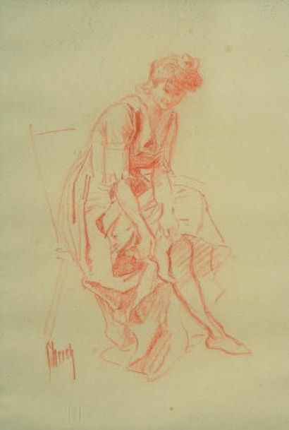 Jules CHERET (Paris, 1836 - Nice, 1932) Jeune femme ajustant son bas. Sanguine, signée...