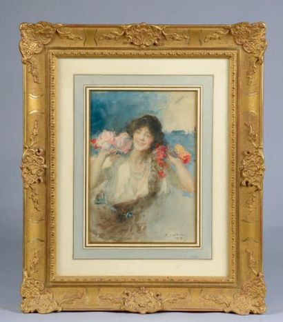 Antoine CALBET (Engayrac, 1860 - Paris, 1944) Femme au collier de fleurs. Aquarelle...