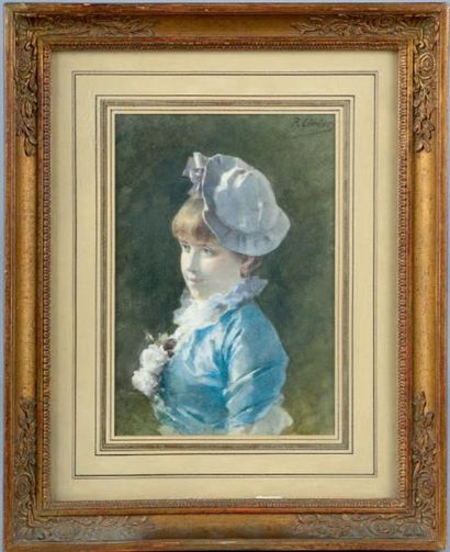 Philippe Jacques LINDER (Sarrelouis, 1835 - 1914) Jeune fille à la robe bleue. Aquarelle,...