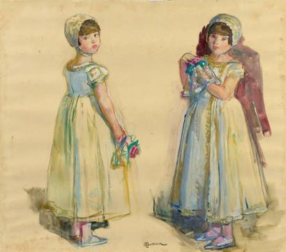 Lucien J. SIMON (Paris, 1861 - 1945) Deux filles d'honneur tenant un bouquet. Aquarelle...