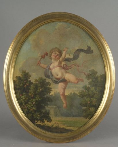 null École Française du XVIIIème siècle L'Amour folie Huile sur toile ovale (restaurations),...