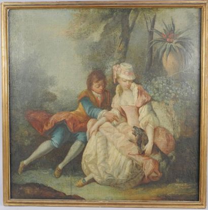 null École du XVIIIème siècle Scène galante Huile sur toile (rentoilée, usée) Haut....