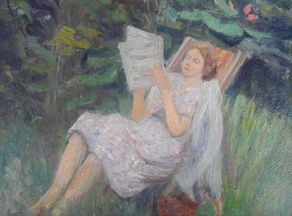 null LAURIES (XXe siècle) / Femme lisant dans un jardin / Huile sur carton signée...