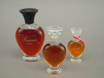  ROCHAS 
"Femme" 
Trois flacons d'eau de parfum et parfum (70 ml, 30 ml et 15 ml...