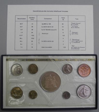 France Monnaie de Paris. Neuf pièces «fleur de coins» 1975: un, cinq, dix, vingt...