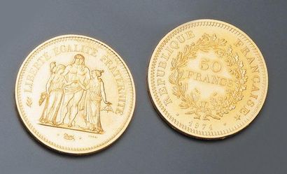 France Deux pièces-essai en or jaune de la pièce de 50 francs type Hercule, 1974...