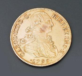 Espagne Pièce de 8 Sols en or jaune représentant Charles IIII, 1799. Diam.: 3,5 cm...