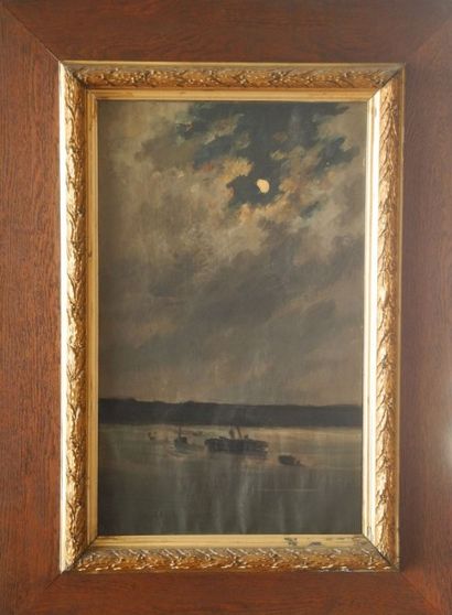 null Émile RENOUF (1845-1894). Barque au clair de lune . Huile sur toile, signée...