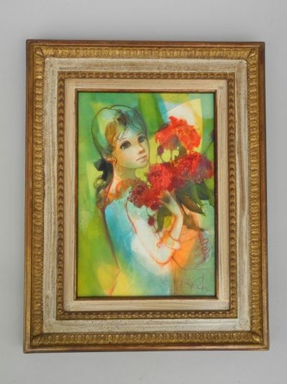 null Jean-Baptiste VALADIÉ (1933) / Portrait d'une jeune fille au bouquet de fleurs....