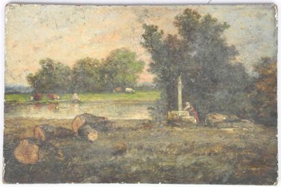 null Ecole du XIXe siècle, Femme à la fontaine et paysage, huile sur panneau d'acajou....