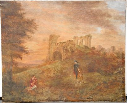 null Ecole du XIXe siècle. Henri IV sur son cheval devant un château en ruine. Huile...
