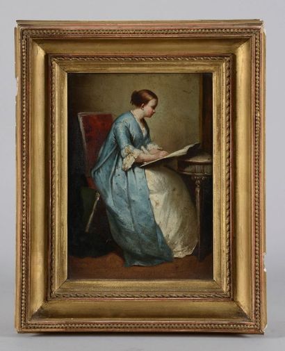École Française du XIXe siècle Femme dessinant. Huile sur panneau. Haut.: 21,5 cm...