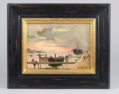 François SCHOMMER (1850 - 1935) Port au soleil couchant. Huile sur toile signée en...