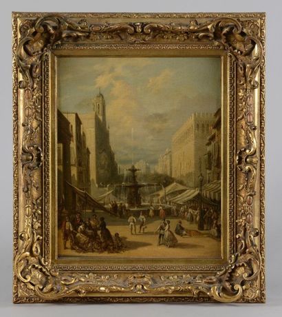 GALLEGO Y ALVAREZ (né à Tembleque, Espagne, 1817) Scène de marché à Séville. Huile...