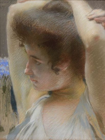 Albert BESNARD (Paris, 1849 - Paris, 1934) Femme pensive aux bras levés. Pastel signé...