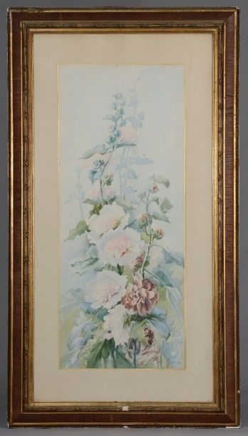 Louise REYNAUD (XIXe - XXe siècle) Fleurs roses sur fond bleu. Aquarelle sur traits...
