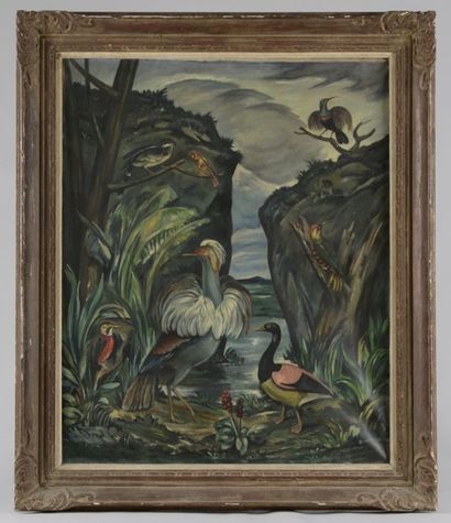 Raymond Louis CHARMAISON (Paris, 1876 - 1955) Oiseaux multicolores sur une berge....