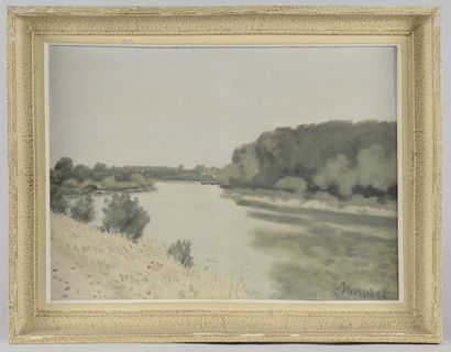 Paul NASSIVET (1904 - 1977) Fleuve aux rives boisées. Huile sur toile, signée en...