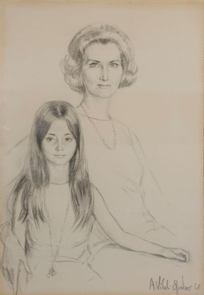 Alejo VIDAL-QUADRAS (Barcelone, 1919 - 1994) Jeune femme et sa fille. Dessin au fusain...