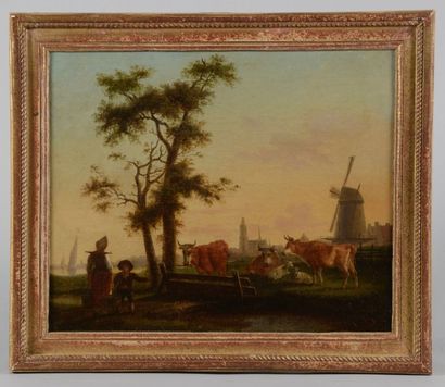 Frans SWAGERS (1756 - 1836) (atelier de) Pastorale devant un moulin. Huile sur toile...