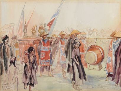 null Dominique Charles FOUQUERAY (Le Mans, 1869 - 1956). Procession à Canton. Aquarelle...