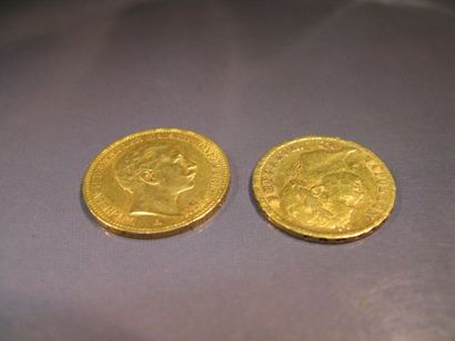 null Deux pièces en or: 20FFR Napoléon Empereur 1808A Usure; 20 mark. Poids total:...