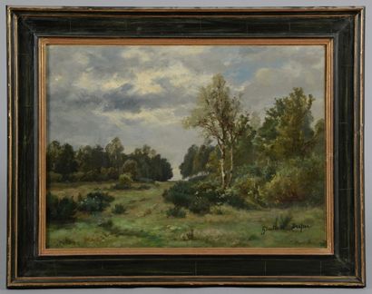 Gustave DUPRÉ (né à Paris en 1827) La clairière par temps nuageux. Huile sur toile...