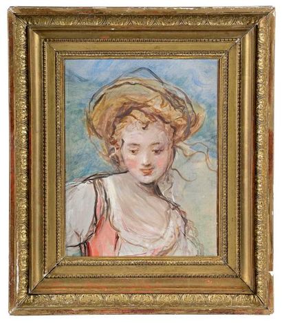 École Française du XIXe siècle Portrait de femme au chapeau. Huile sur toile (petit...