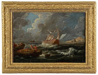 Suiveur de Joseph VERNET, XVIIIe siècle Pêcheurs sur la côte et navire par mer forte....
