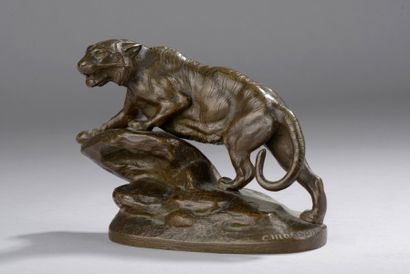 Clovis Edmond MASSON (Paris, 1838 - 1913) Tigre rugissant sur un rocher. Bronze à...
