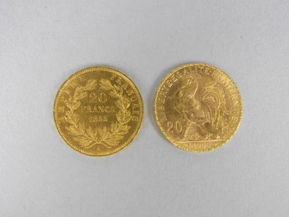 null Deux PIÈCES de vingt francs français en or jaune 1855 et 1908