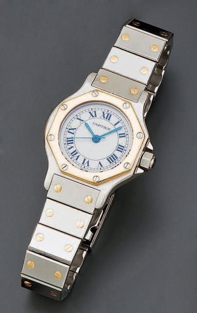 null MONTRE bracelet de dame modèle Santos en acier et or jaune 18K. Lunette octogonale...