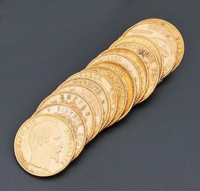 Quinze PIÈCES en or de vingt francs français,...