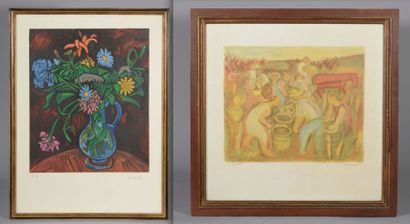 null Ensemble de deux deux lithographies : Isis KISCHKA (1908-1973)Bouquet de fleurs...