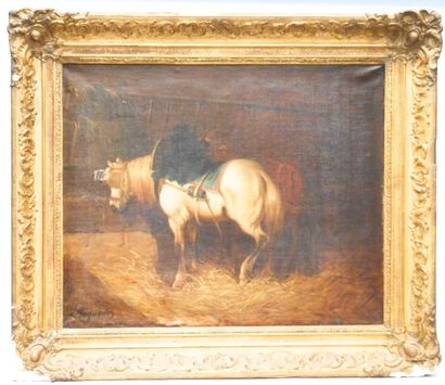 null Ecole française du XIXeme siècle. Chevaux dans une écurie. Huile sur toile signée...