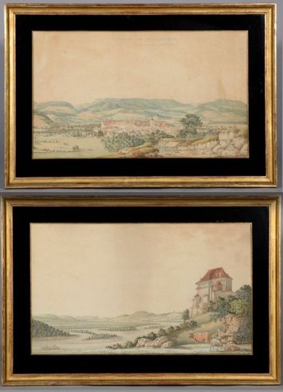 null Nicolas GACHET (1736-1817). Paysages et architectures. Paire de dessins à la...