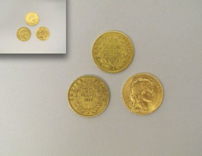 null Trois PIÈCES de 20 francs français 1854, 1860 et 1912.