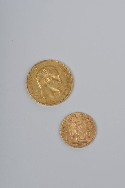 null Une PIÈCE de 50 francs français 1855 et une pièce de 20 francs français 187...