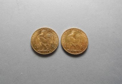 null  Deux pièces de 20 francs français 1902 et 1909.